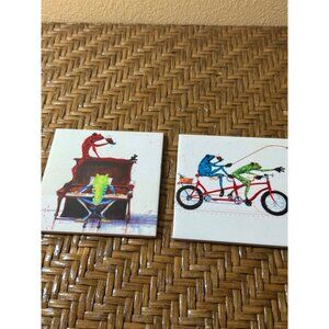 Barton DeGraaf Set Of 2 Ceramic Coasters With Frog Illustrations & Cork Backing